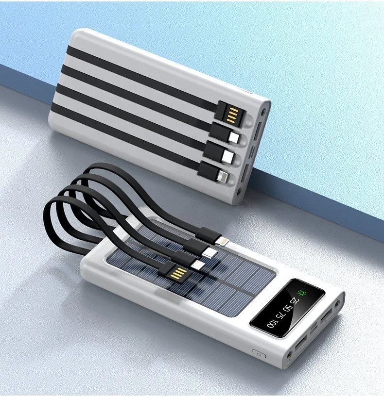 Portable Charger Solar Power Bank 30000mah Built-in 4 cables Dual USB  with LED Flashlight for Outdoor Travel