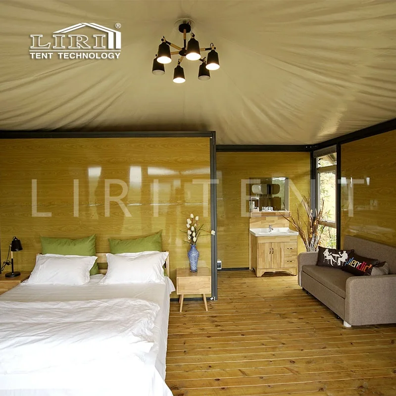 Outdoor Luxury Round Camouflage  Glamping Campsite Hotel Bed Tent with Furniture and Bathroom
