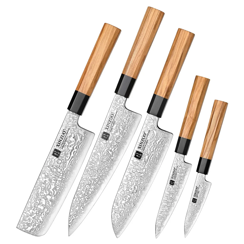 Damascus Steel Kitchen Knife Set Japanese Octagonal Olive Wood Handle Custom Chef Knives