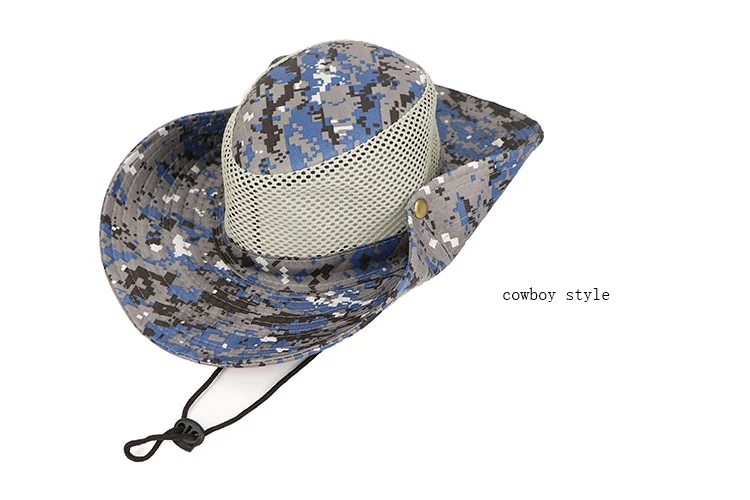 Sun Protection Fold brim Flat Top Mesh Camouflage Boonie Bucket Hat cap with string