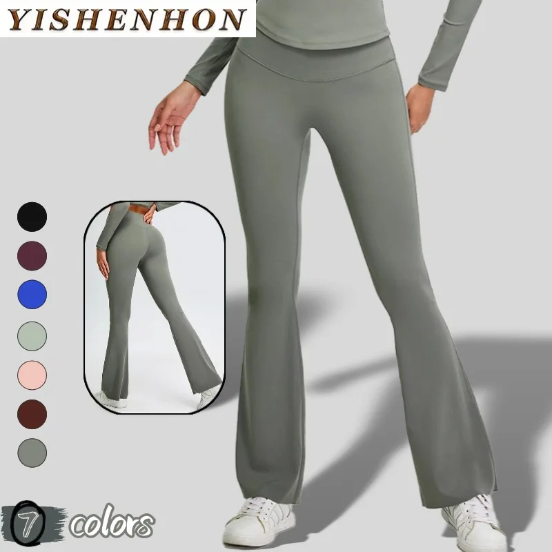 YISHENHON женские нейлоновые расклешенные широкие брюки для йоги с завышенной талией облегающие спортивные штаны фитнеса