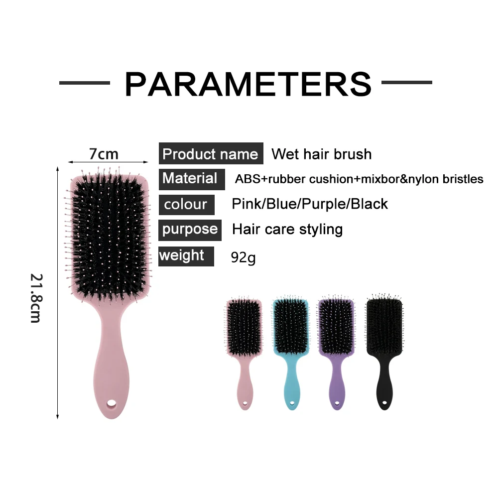 Comb mixed boar and nylon bristles paddle curly hair brush extensions plastic handle paint brush boar bristle brush