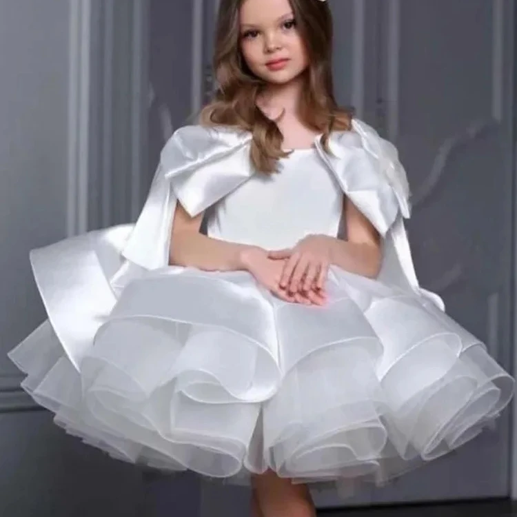 European Style Girl Wedding Gown Satin Lovely Birthday Tutu Dresses Puffy Summer Party Girls