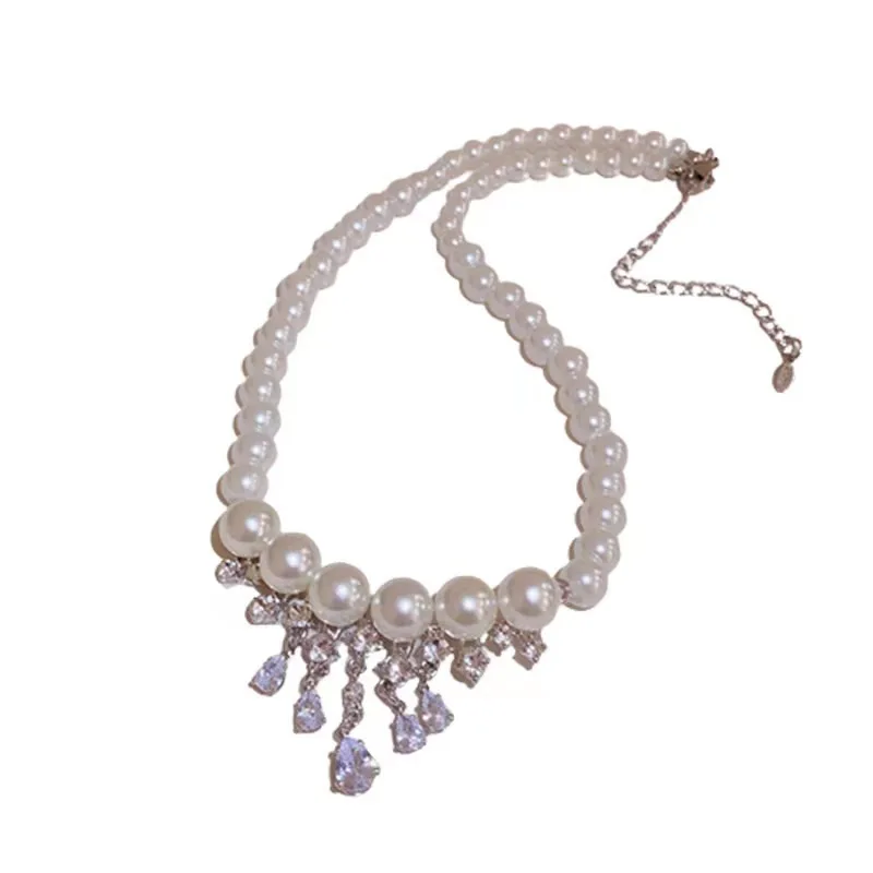 Water Drop Crystal Tassel Pendant Necklace White Round Faux Graduated Pearl Beads Chain Necklace for Women
