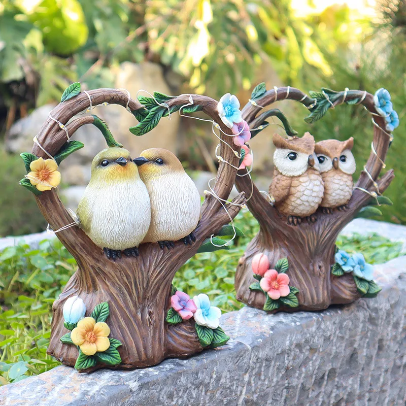 Creative garden solar night light heart-shaped simulation couple bird resin statue balcony yard layout outdoor decor ornaments