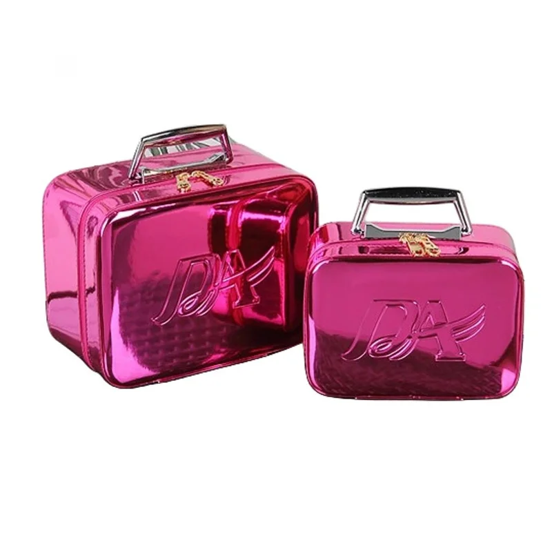 Portable Girls Pink Makeup Case PU Leather Waterproof Makeup Organizer With Mirror Light Weight Beauty Makeup Box