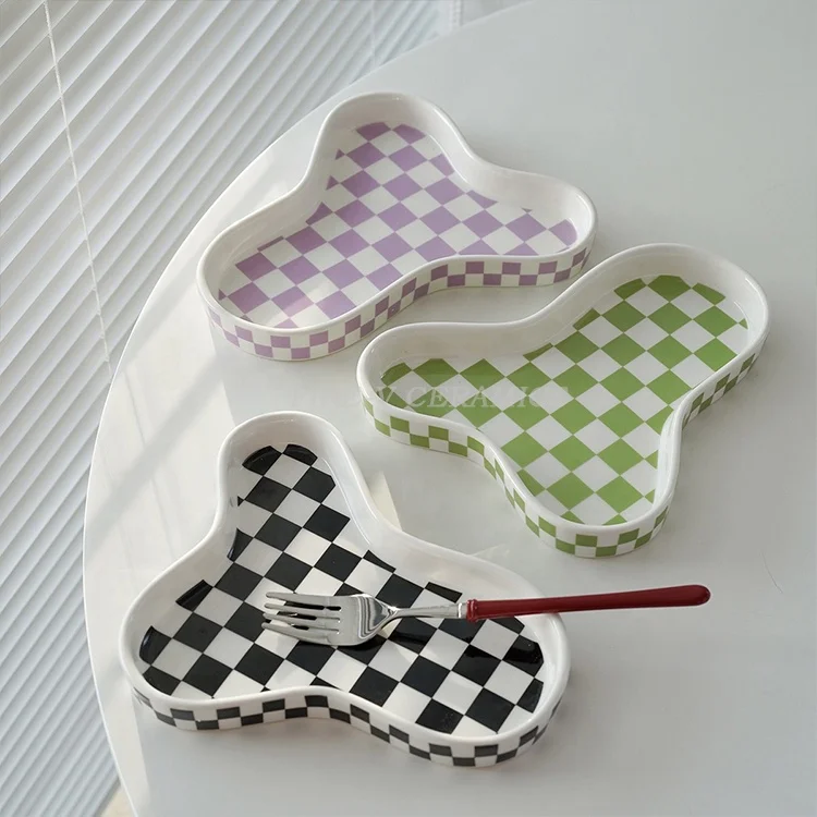 multifunctional decorative storage dish aromatherapy jewelry dessert tray tab Nordic black and white checkerboard ceramic plate