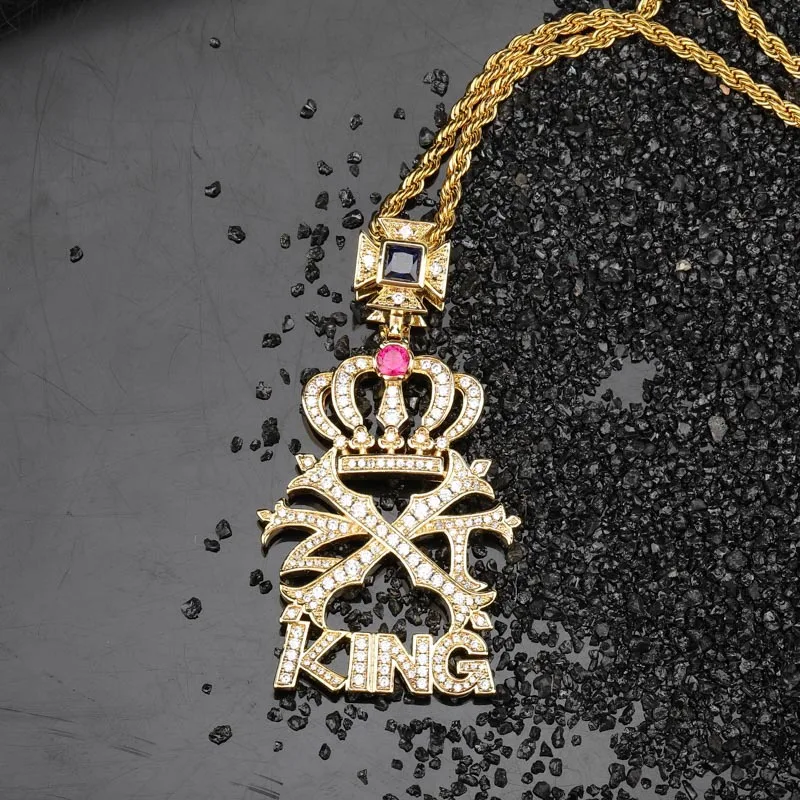 Cubic Zirconia Hiphop Gold Crown King Letter Necklace Tennis Chain