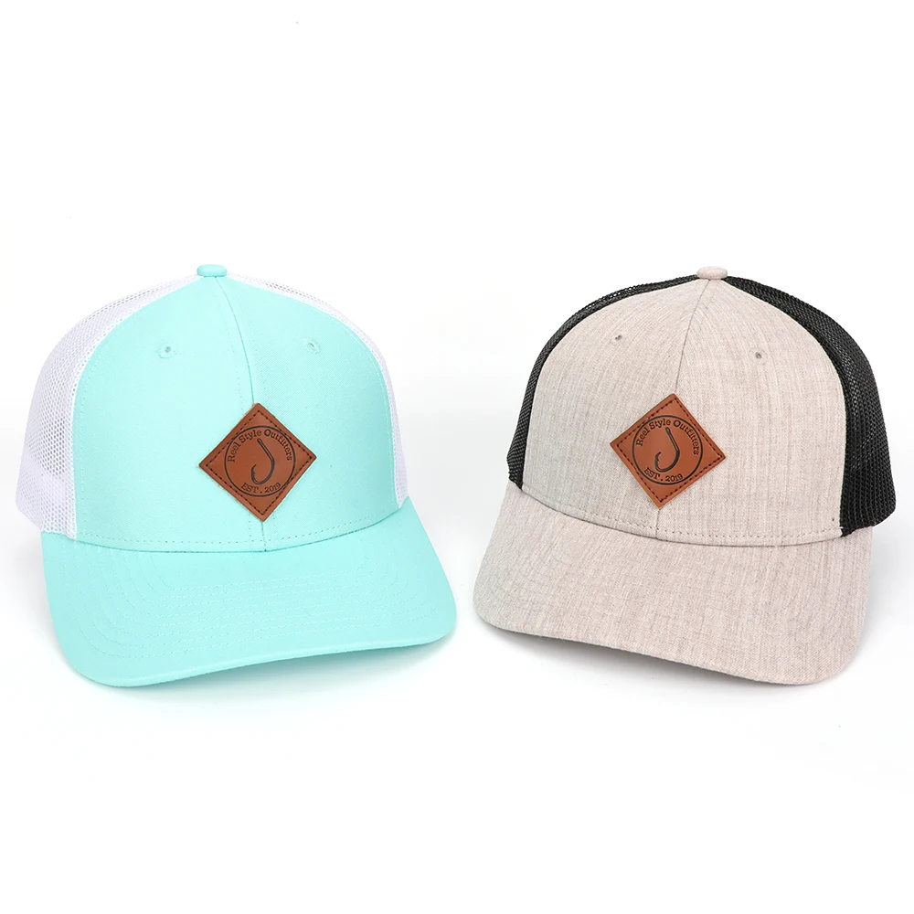 Customize Top Quality Sky Blue Back Polyester Inside Tag Trucker Hat Genuine Leather Brand Trucker Cap