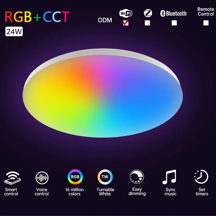 ultrathin Tuya Wifi app Control LED ceiling light 24W Ra>80 Home RGB Voice Adjustable Smart Round Dimmable Switch Led CE custom