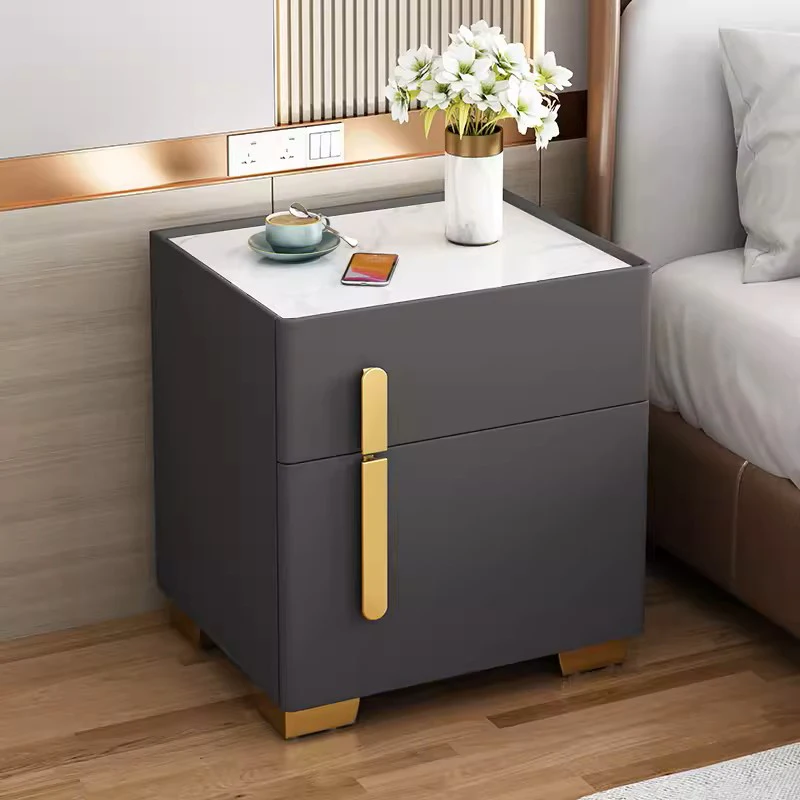 Smart bedside table with Fingerprint Lock and Wireless Charging Station LED Lights USB Port 2 Drawer Storage Cabinet