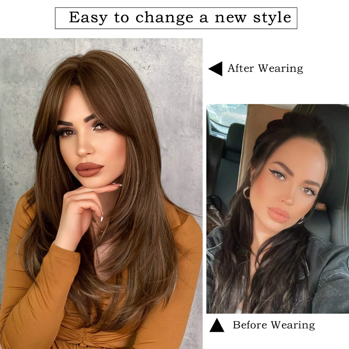 Wholesale Honey Blonde Wig with Bangs Long Brown Wigs for Women Layered Heat Resistant Synthetic Wigs Pelucas Perruques Peruca