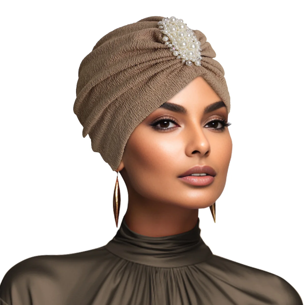 Wholesale Elegant Pearl Decor Turban Cap Embossed Elastic Head Wrap For Women Girl