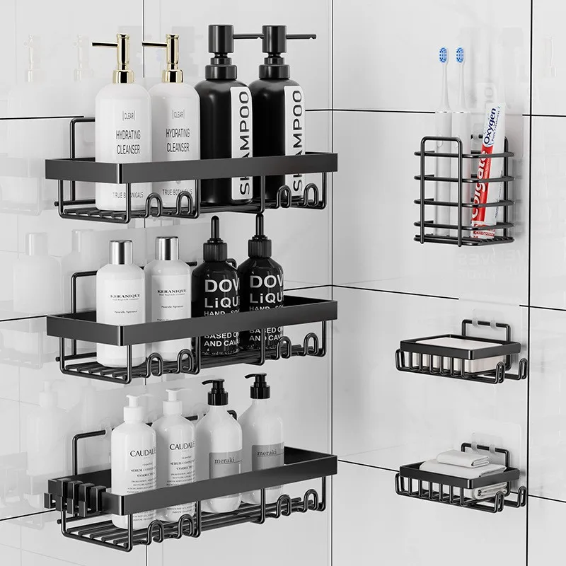 Factory Sale Bath Accessories No Drilling Bathroom 6-piece set Storage Adhesive Shower Caddy Organizer Shelves Corner