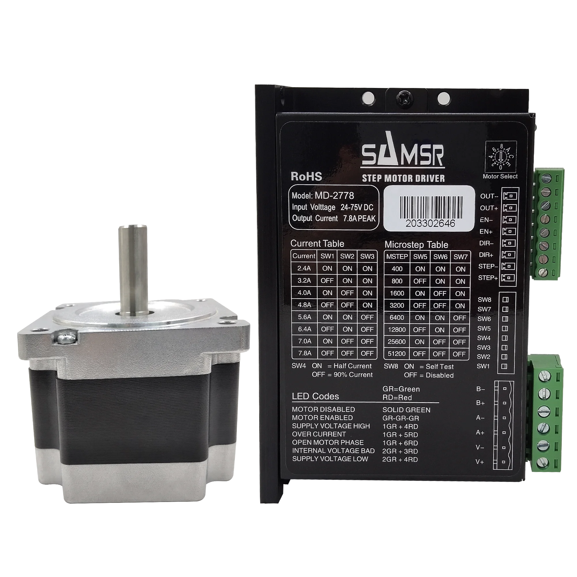 Samsr 2 phase 2.7Nm step motor Nema 34 86mm stepper motor SS3401AP45A with driver MD-2778 86mm stepper motor drive cnc kit