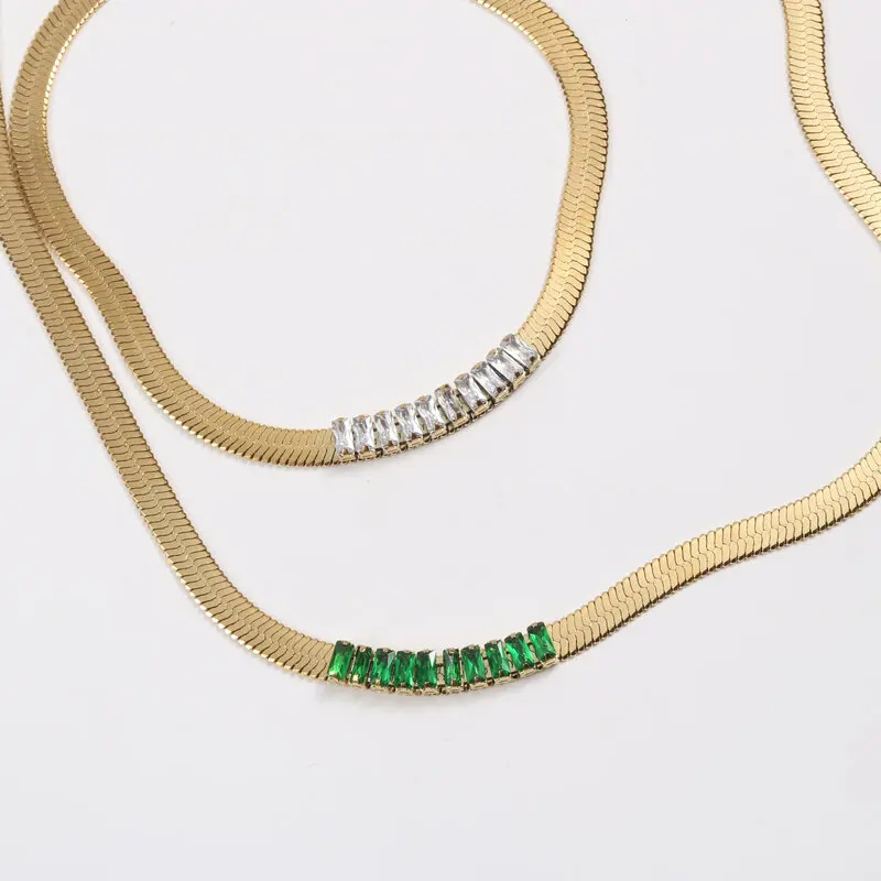 Joolim Jewelry 18K Gold Plated Green White Baguette Zirconia Snake Chain Necklace Stainless Steel Jewelry Wholesale