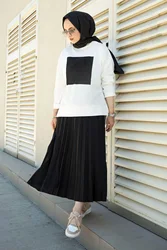 High quality fashion muslimah pleated long skirt and hoodies set women solid color muslim pleated skirt