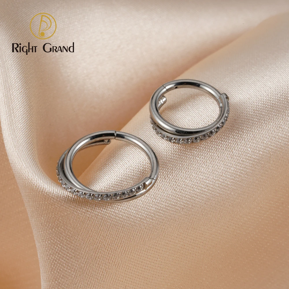 Right Grand Implant Grade ASTM F136 Titanium Clear Zircon Mirror Polish Hinged Clicker for Cartilage Helix Piercing