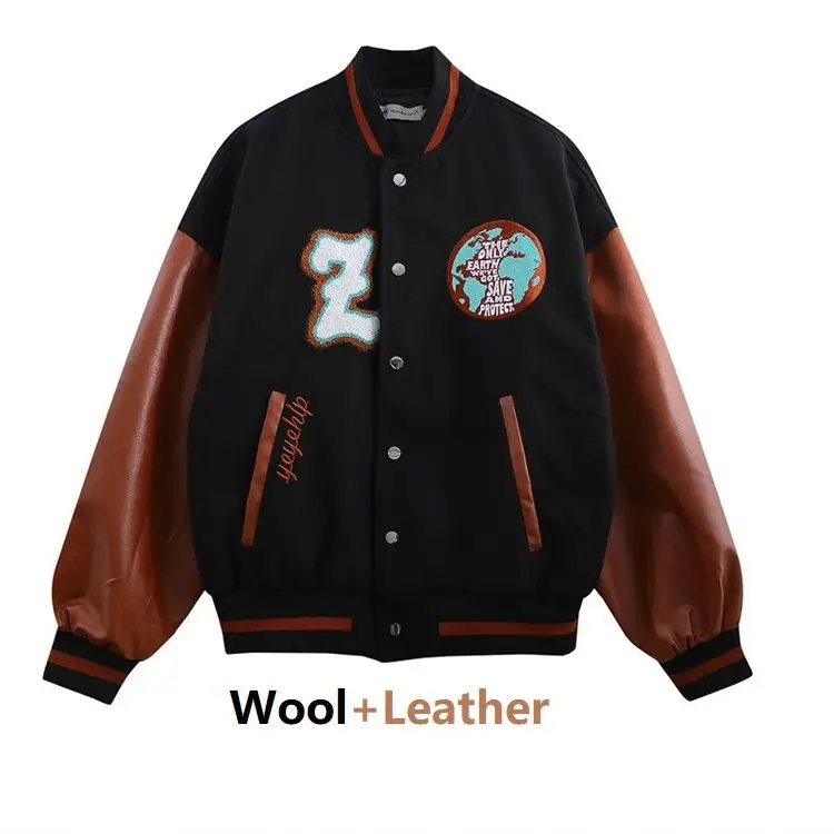 Мужская бейсбольная куртка с вышивкой на заказ, Черная бейсбольная куртка с простым рукавом и нагрудным воротником, куртки из шерсти и кожи