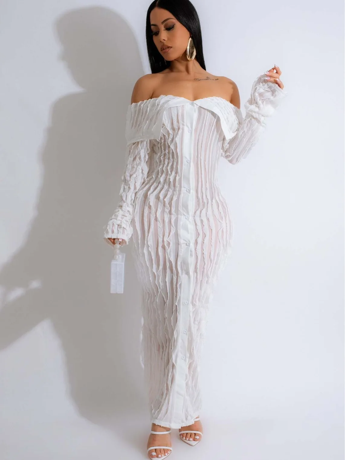 Fashionable One Line Neck Sexy Wrap Hip Design Sense Wave Pattern Long Sleeve High Quality Long Skirt Ladies Elegant Dresses