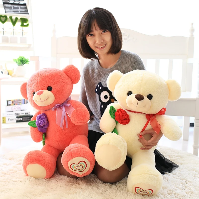 oem custom stuffed plush tedy bear smile teddy bear with rose flower