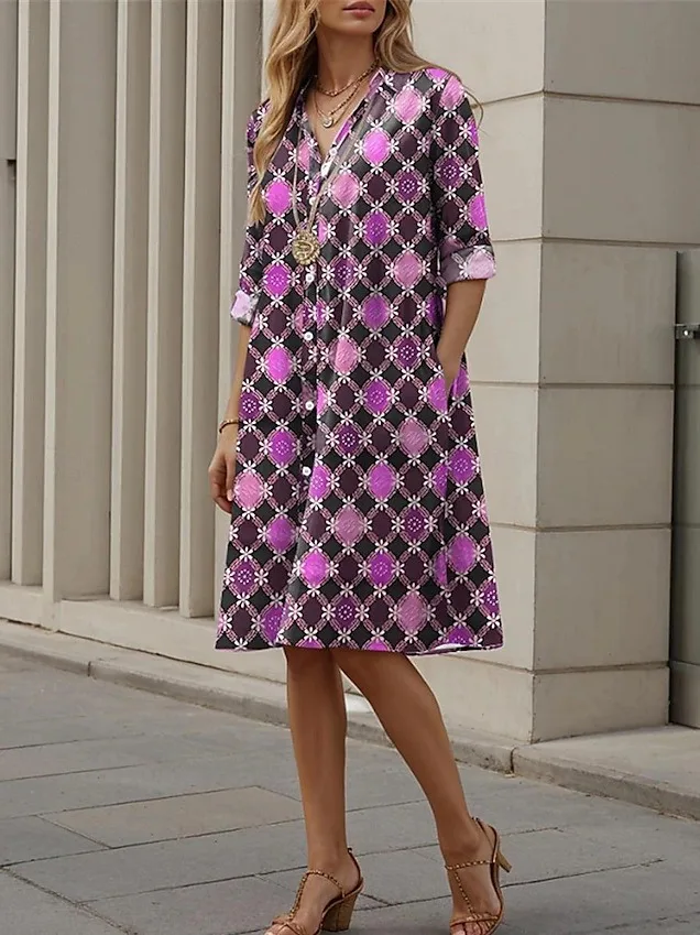 Hansilu New Multi-color Check Diamond Lattice Mosaic 3D Digital Print Loose Elegant Shirt Dress for Women