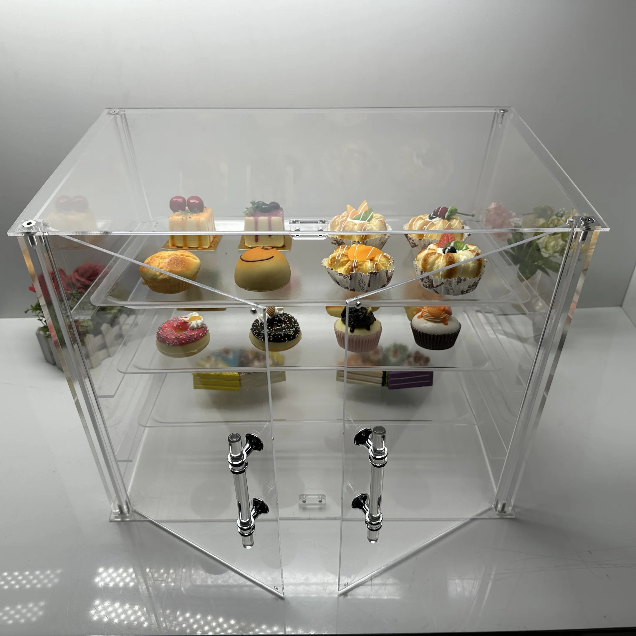Countertop 3 Tray Acrylic Display Case Clear Acrylic Pastry Display Cake with Rear Door Acrylic Pastry Display