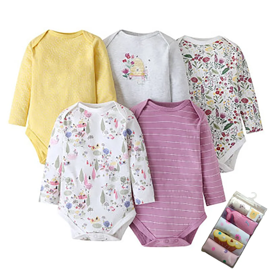Spring Autumn Long Sleeve 100% Cotton Newborn Bodysuit Boy Girl 5 Piece Set Infant Onesie Toddler Rompers Baby