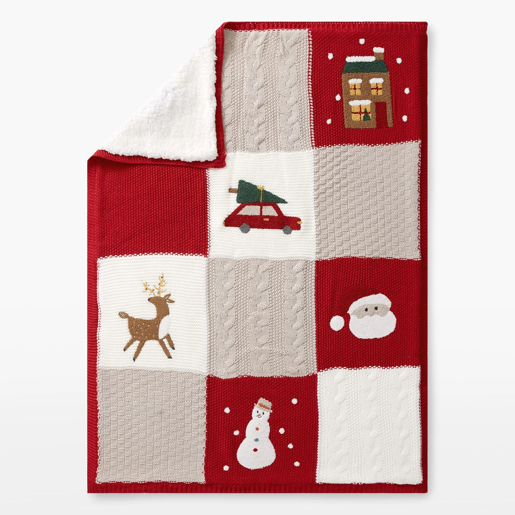 2022 New Design Throw Blankets Design Soft Embroidery Santa Wool Sherpa Patchwork Christmas Blanket