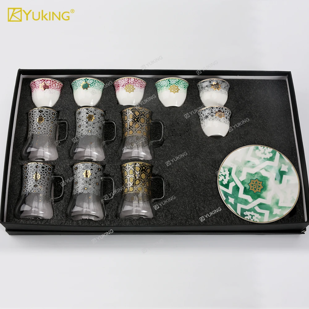 New Model 18pcs Arabic Turkish Espresso Waist Clear Glass Tea and Coffee Set Luxury Kawa Cup Tea Cups Set