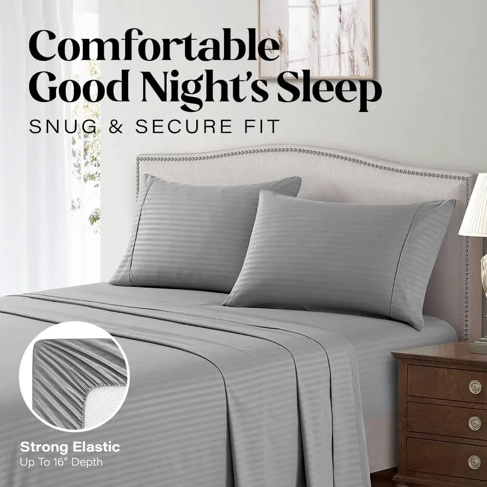 4-Piece Bedding Set Soft Microfiber Deep Pocket Striped Bed Sheet Set