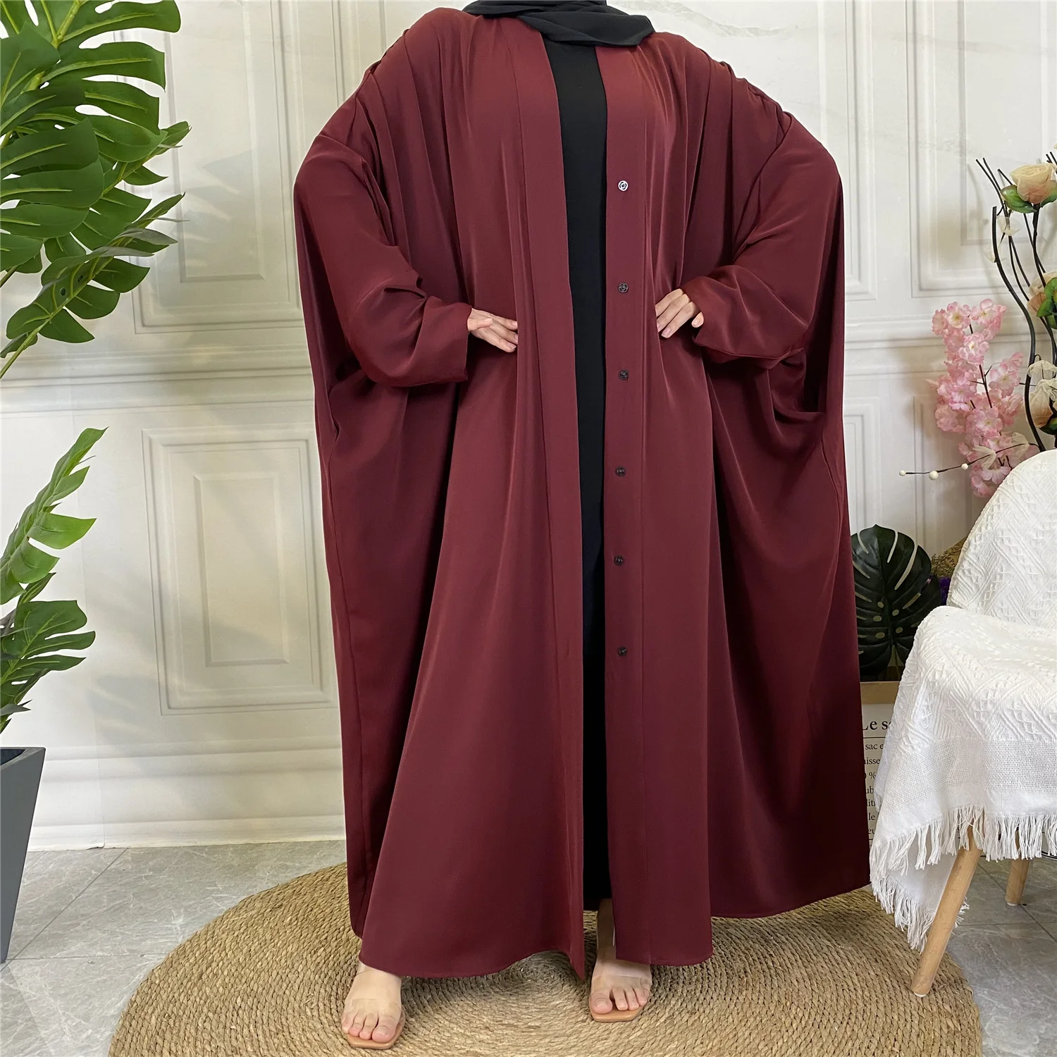 1923# New Solid Colors Butterfly Kaftan With Pockets and Button Islamic Clothing Muslim Women Abaya Dresses
