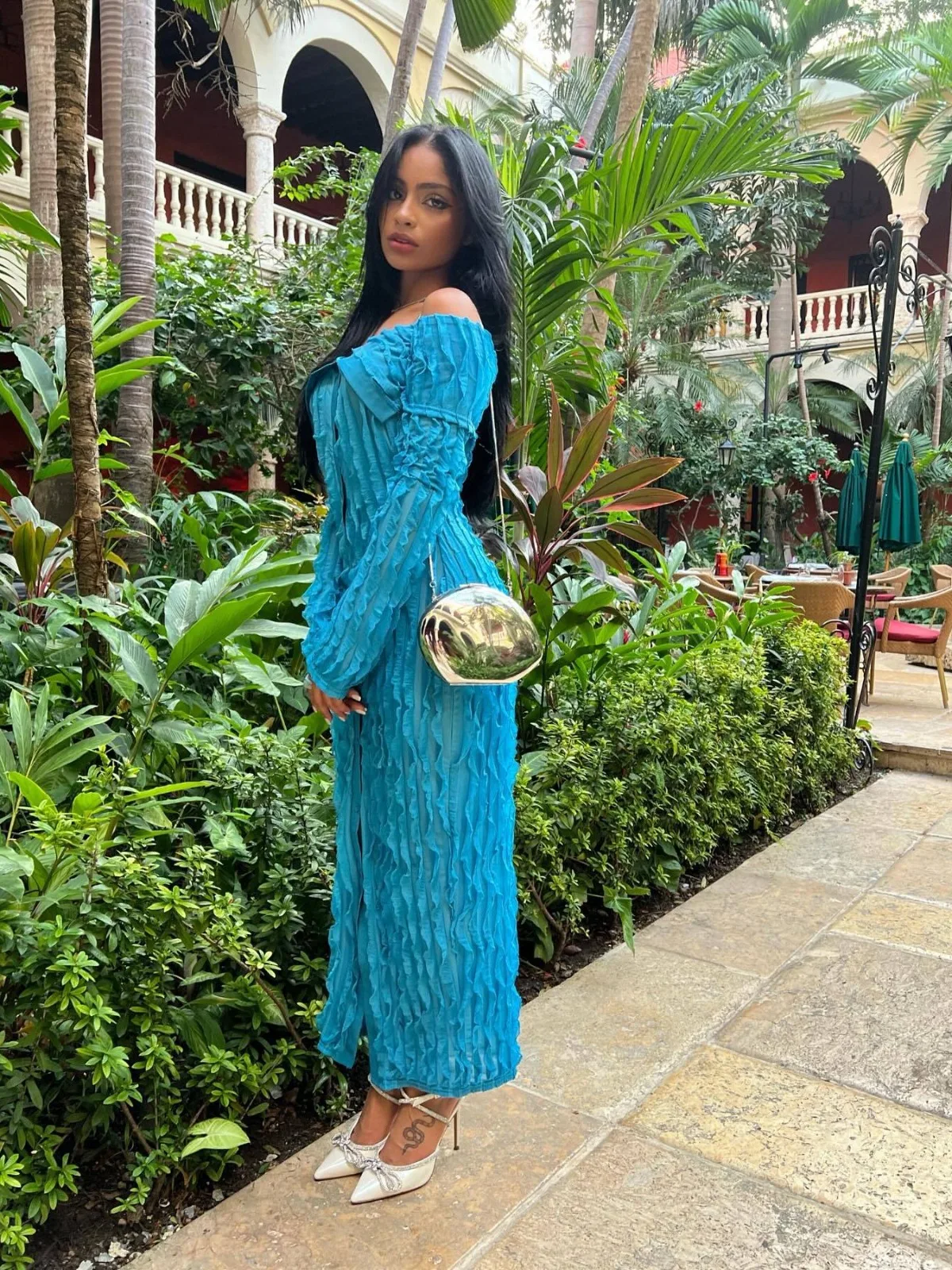 Fashionable One Line Neck Sexy Wrap Hip Design Sense Wave Pattern Long Sleeve High Quality Long Skirt Ladies Elegant Dresses