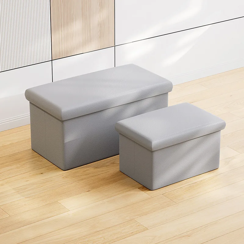 Grey Color Leather Folding Cube Stool Ottoman Storage Beds Sofa for Living Room Gathering Organizer Furniture
