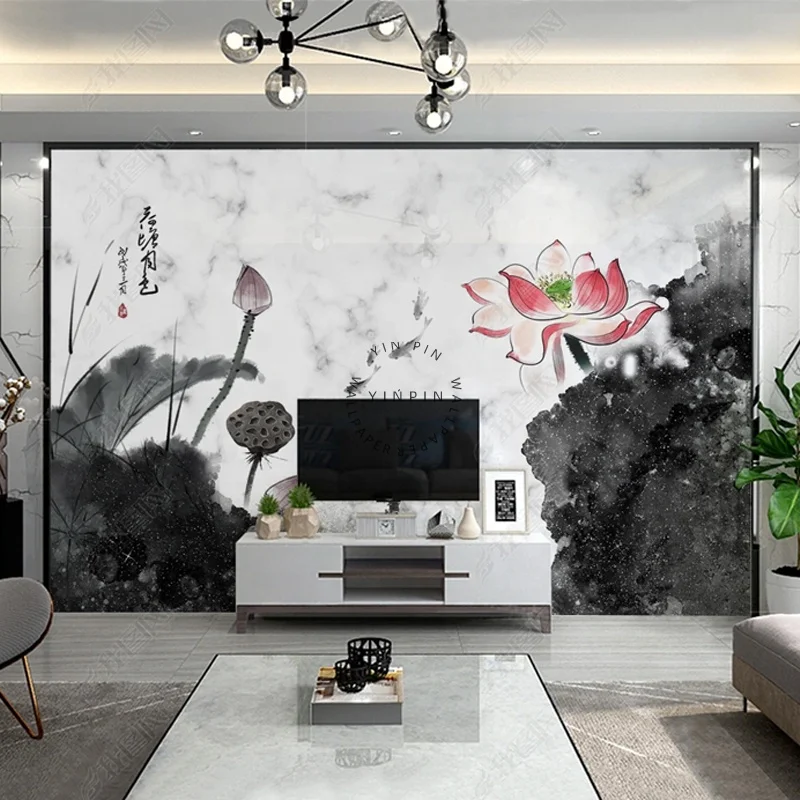 Chinese style lotus pond moonlight lotus ink painting mural vinyl wallpaper