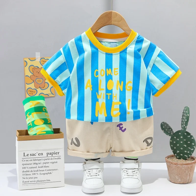 2023 The hottest new collection kids dress boys suit short set T-shirt striped design and jeans 2 set kid boy clothes