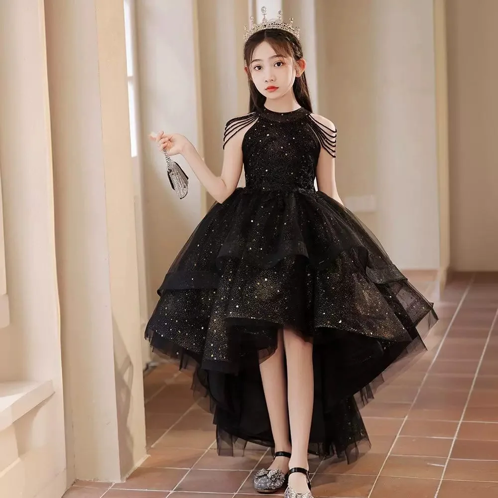 Summer Black Off-shoulder Fluffy Kids Evening Party Trailing Gown Children Piano Performance Wear Flower Girls Dresses