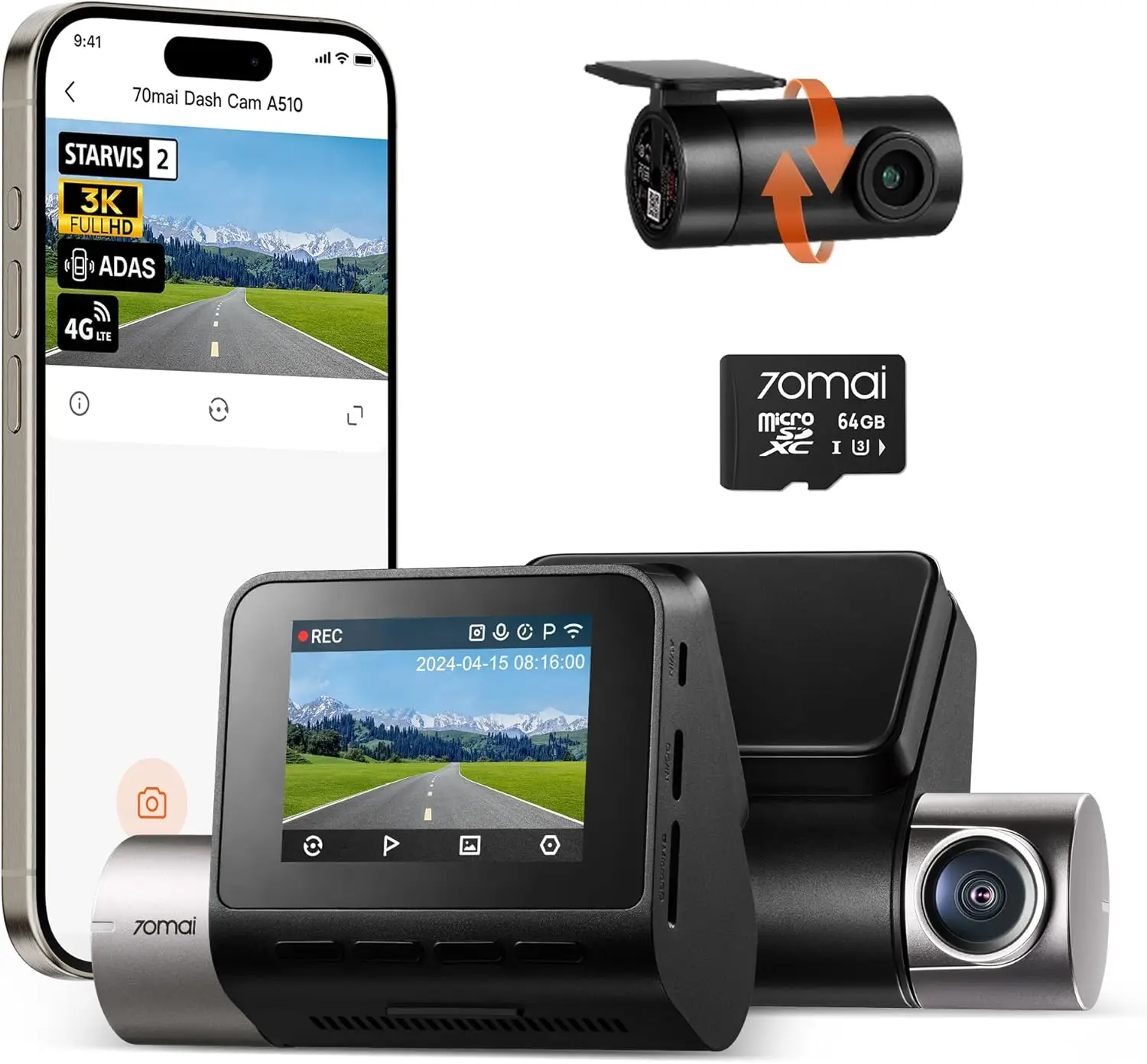 70mai 3K UHD Smart Dash Cam Front and Rear A500S, Dual Dash Camera Built-in WiFi GPS 2' IPS LCD Screen with Night Vision