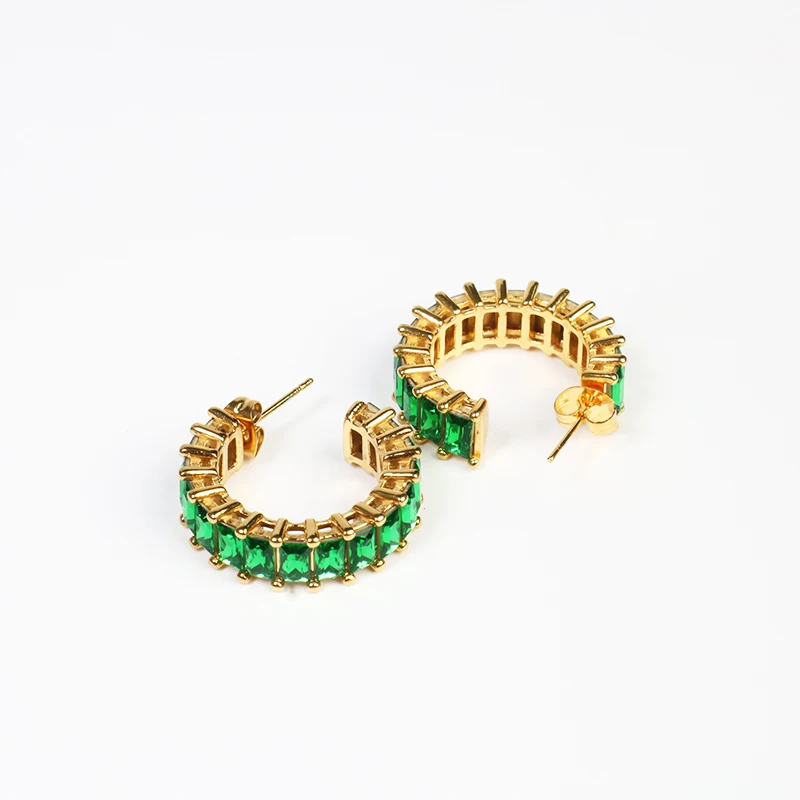 Stud Custom Earring Green Zirconia Gemstone Earring Bezel Iced Out Setting Rhinestone Hoop Earring Jewelry