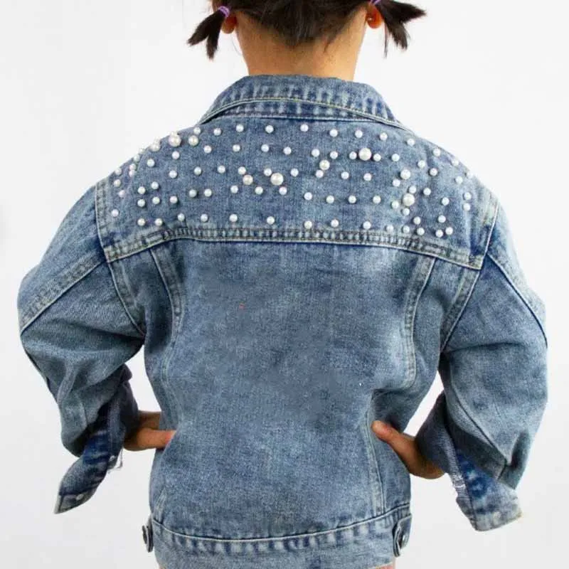 Wholesale Baby Girls Beading Jean Casual Vintage Washed Cotton Pearl Kids Denim Jacket
