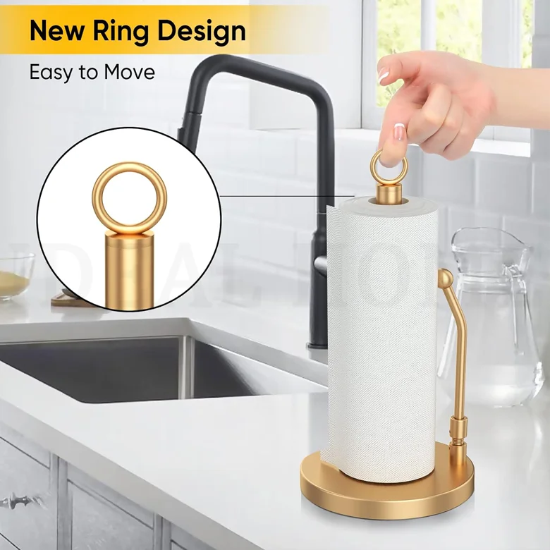 Gold Stainless Steel Paper Towel Holder with Weighted Base Non Slip and Spring Arm