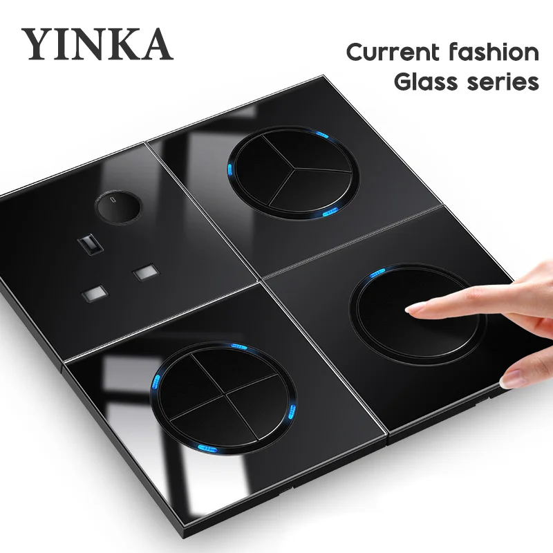 YINKA Universal Round Tempered Glass Home Wall Switch Panel LED Indicator Black Grey Gold White 250V 16A Wall Key Switch