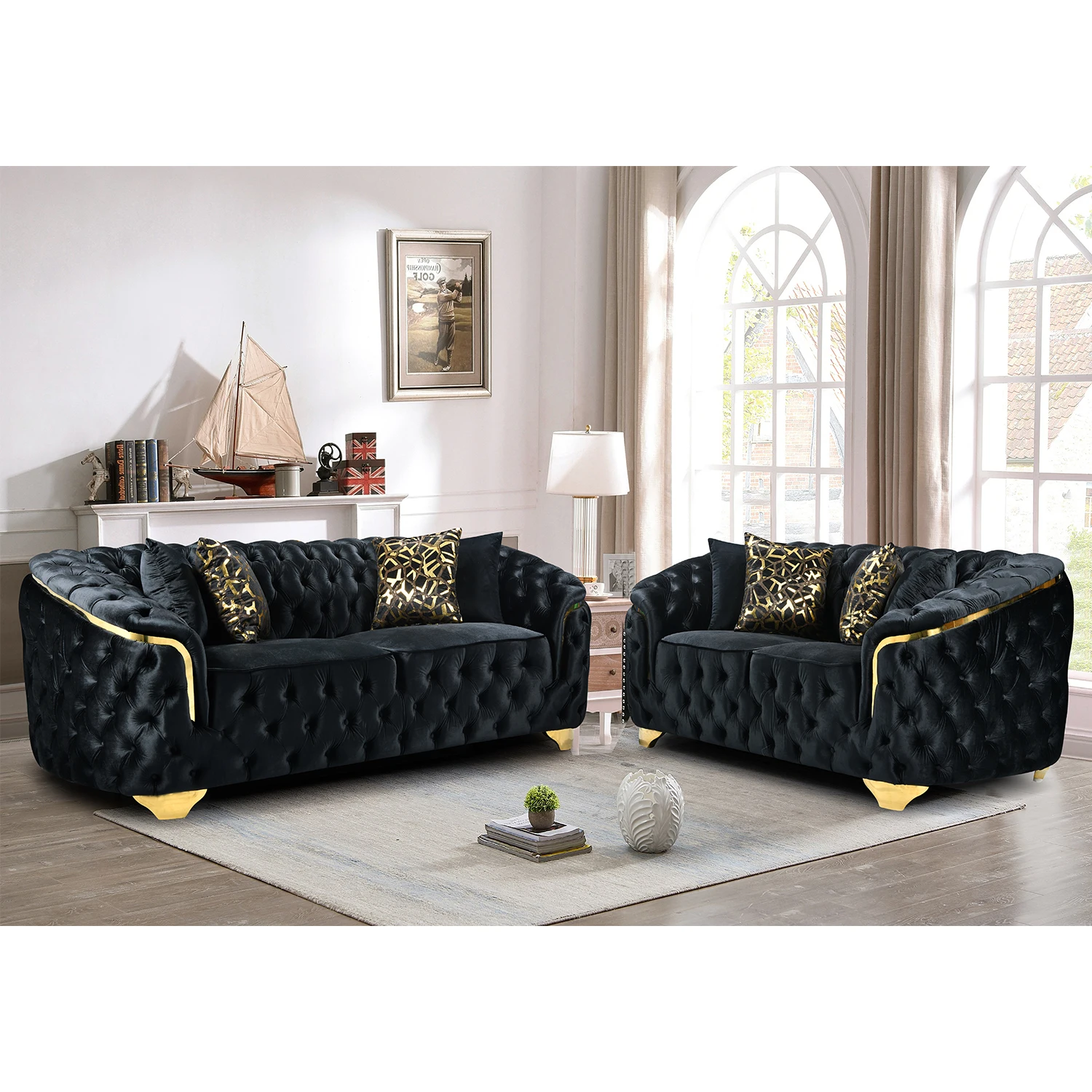 Q&N Furniture Living Room Luxury 1-2-3 Seater Couch Sofas Modern Velvet Fabric Large Upholstered Metal Legs Sofas Set