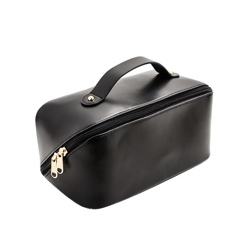 Cosmetic Travel Bag Cases Wholesale Travel Toiletry Bag Made of PU Leather Lay Flat Makeup Bag with Handle and Divider