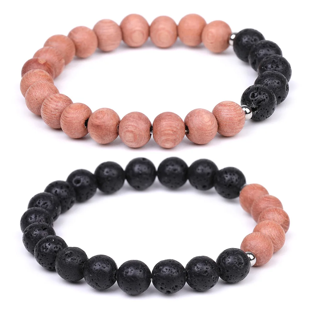 2024 Latest Handmade 8mm Natural Black Lava Stone Beads Rosewood Oil Diffuser Men Women Elastic String Beaded Wooden Bracelets