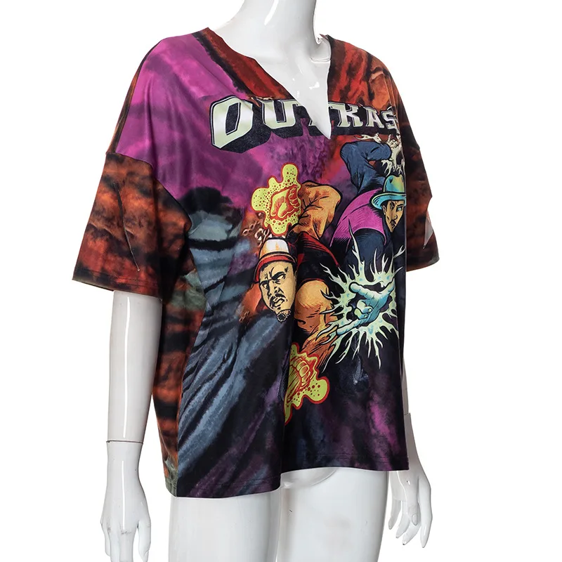 2023 Summer Street Women Clothing V Neck Cartoon Print Cut Out Casual Fashion Graphic T Shirts