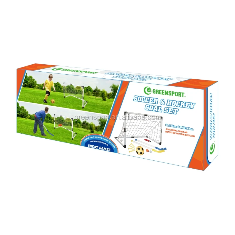 PLASTIC football goal with hockey sticks   sport balls and soccer net