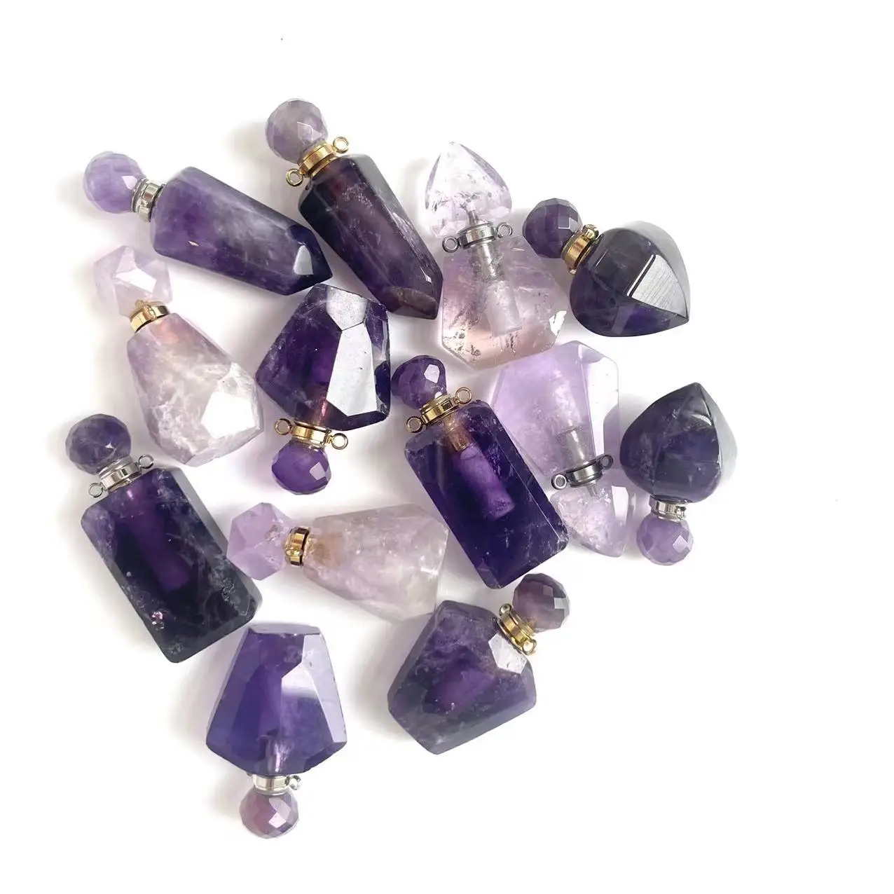 Natural gemstone quartz amethyst mini crystal perfume  bottle for necklace