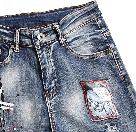 Custom Street style Ripped Pantalones Jeans Straight Fit Distressed Patched Jeans Motor Biker Denim tapered denim