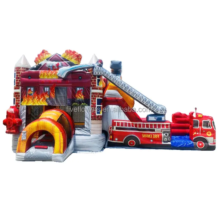 Commercial combo bouncy castle fire truck inflatable bounce house with slide